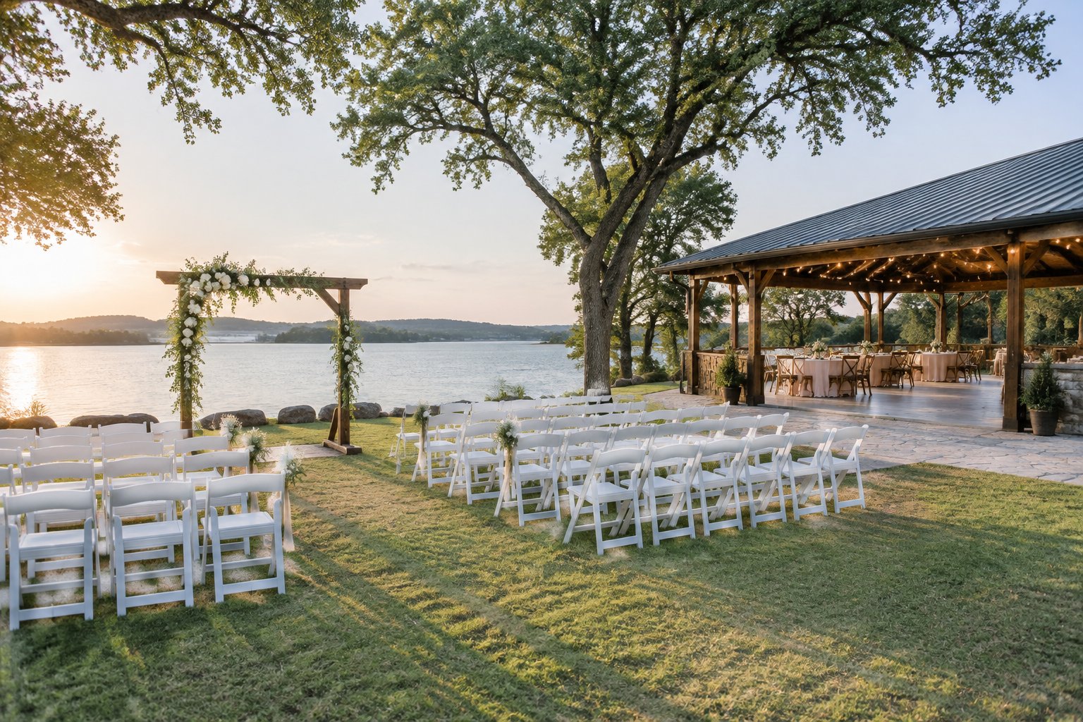 A simple outdoor wedding setup with white chairs, a flower-decorated arbor, and a covered reception area in a sunny Texas countryside setting.