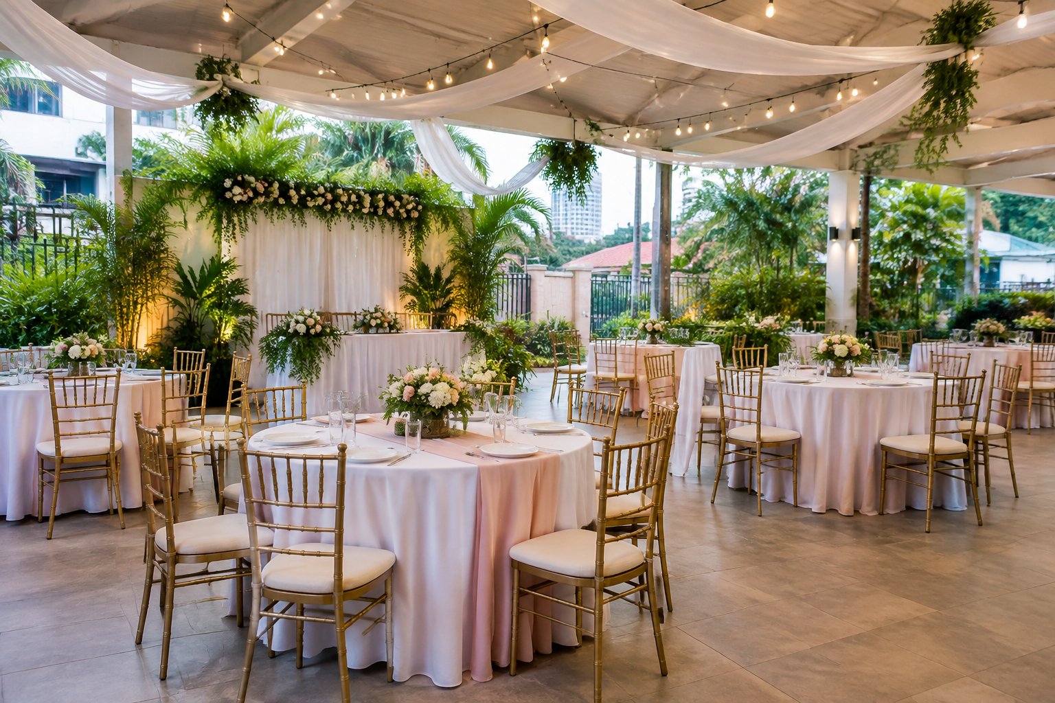 A modest wedding reception venue with simple floral decorations, arranged tables, and warm lighting.
