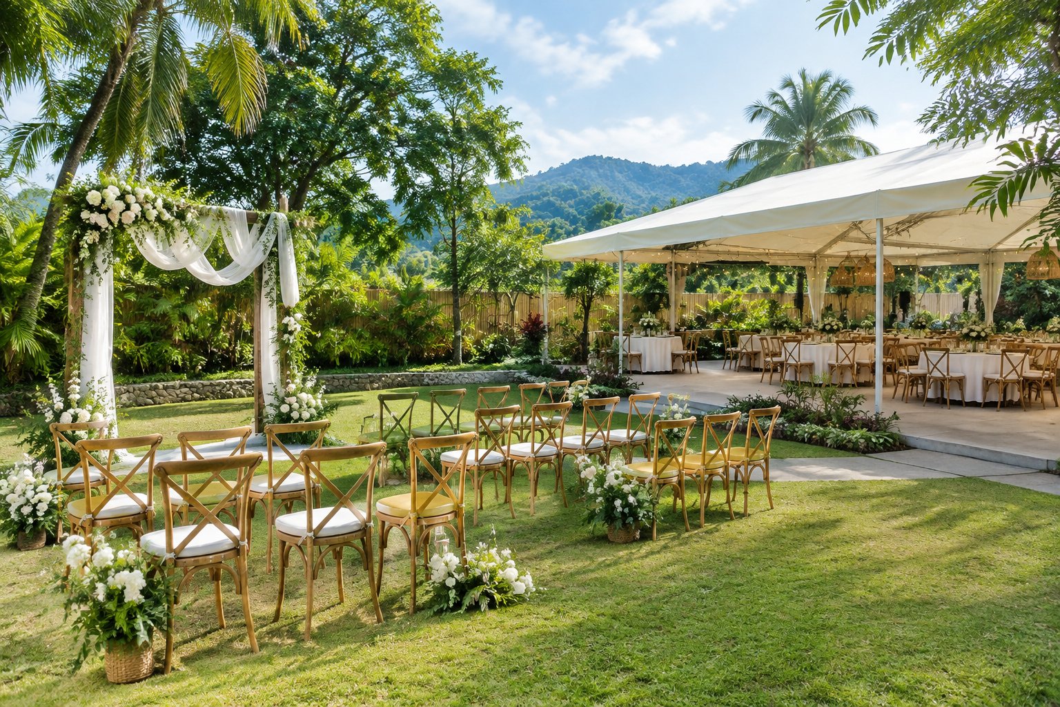 A modest garden wedding venue in Quezon with arranged guest seating and a simple reception area.