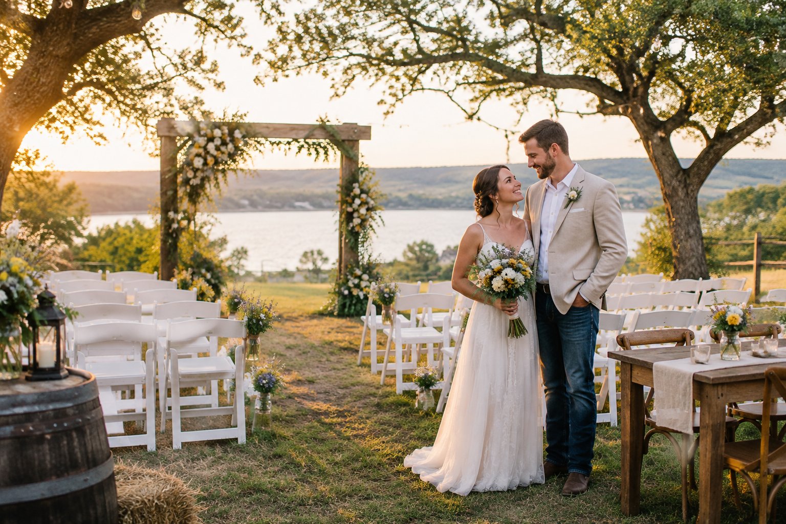 A couple stands beside a simple outdoor wedding ceremony setup at a rustic Texas venue.