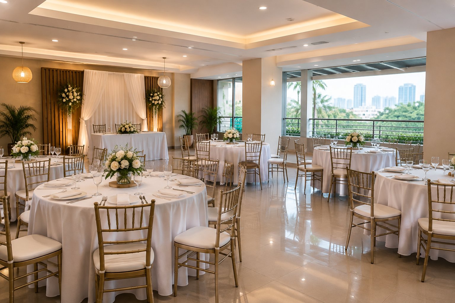 A modest, elegantly decorated wedding reception hall with round tables, white linens, floral centerpieces, and warm lighting.