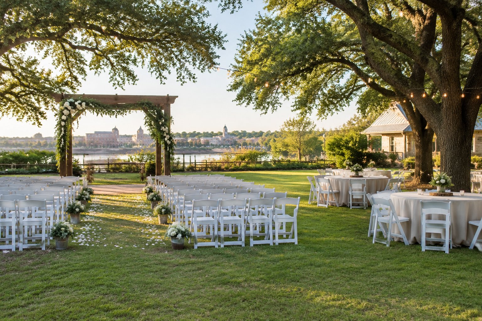 A welcoming outdoor wedding venue with a decorated pergola, white chairs, tables, and string lights.