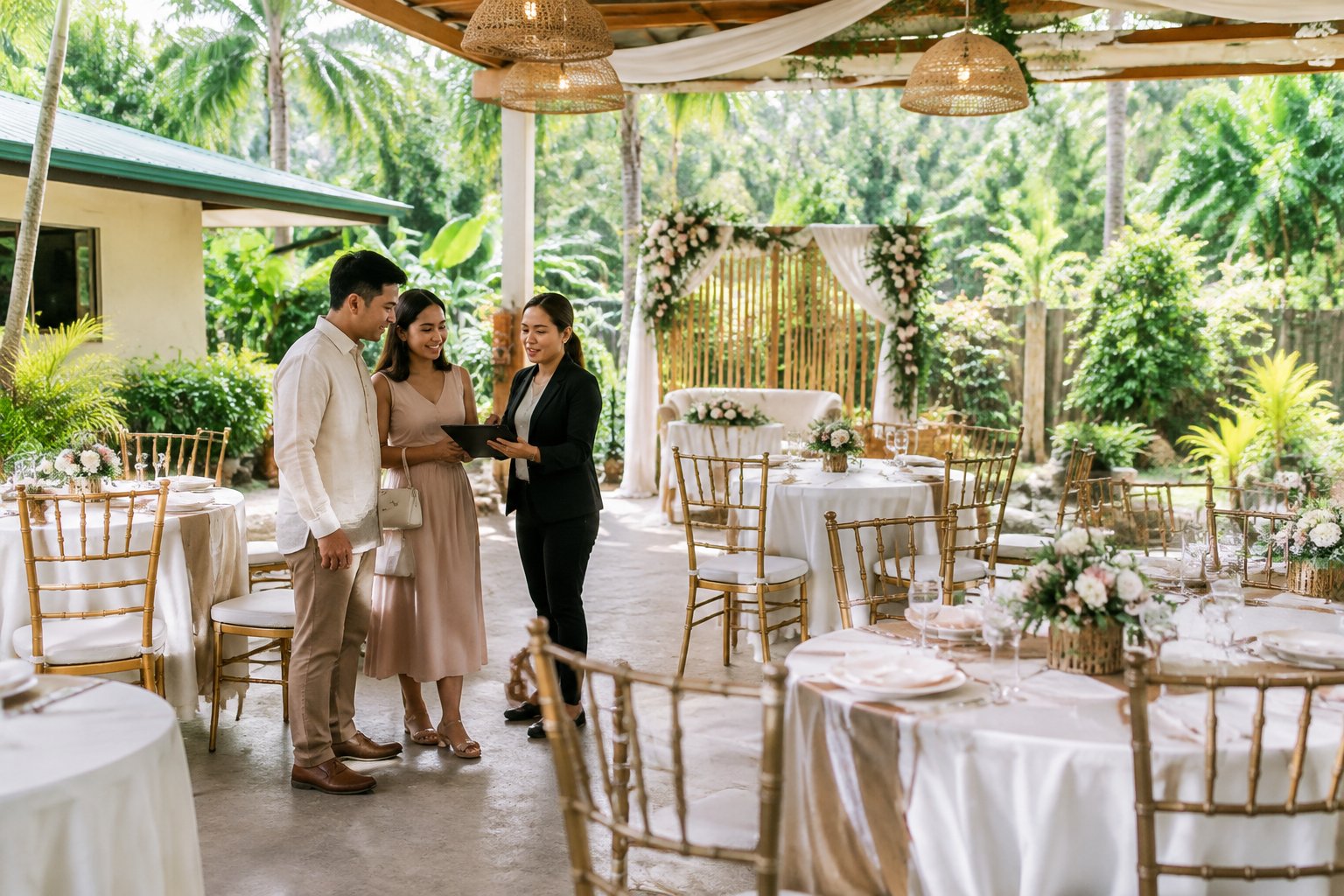 A couple reviews a modest decorated wedding venue surrounded by tropical greenery.