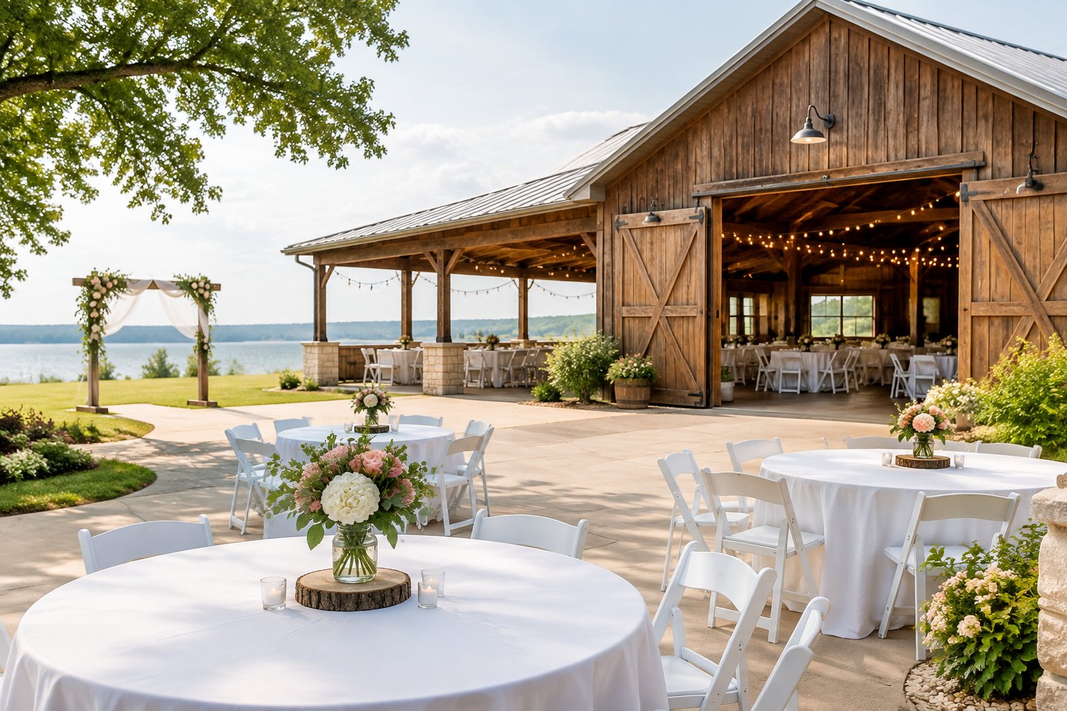 A charming affordable wedding venue with tables, simple floral decorations, string lights, and an outdoor ceremony area.