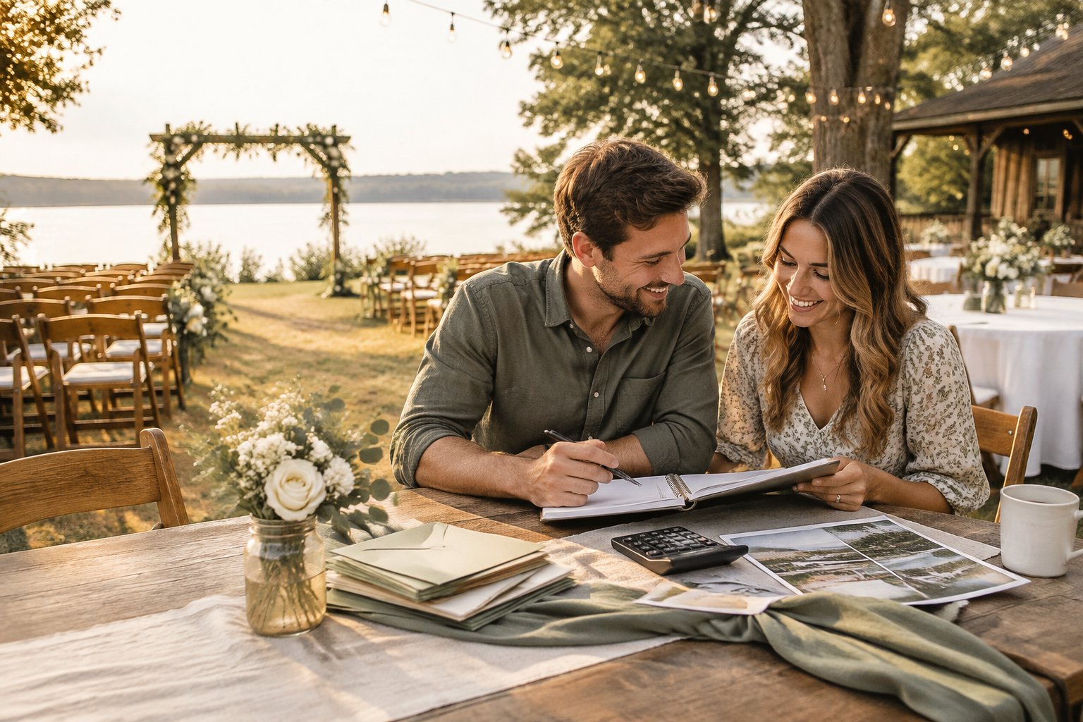 A couple reviews wedding budget plans at an affordable rustic venue decorated with simple greenery and string lights.
