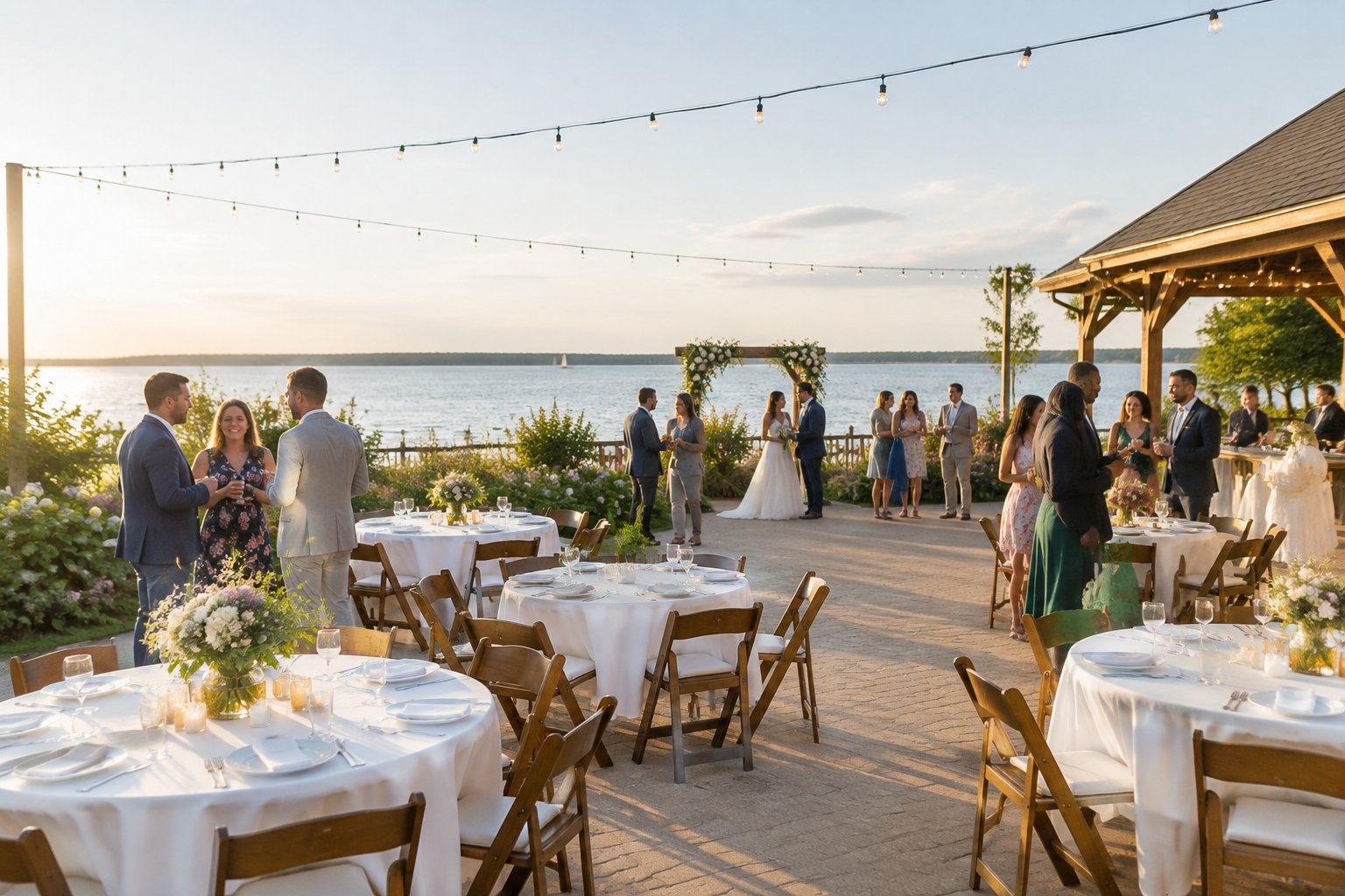 An affordable wedding reception is set up at a charming Long Island venue with simple decorations, round tables, and guests mingling.