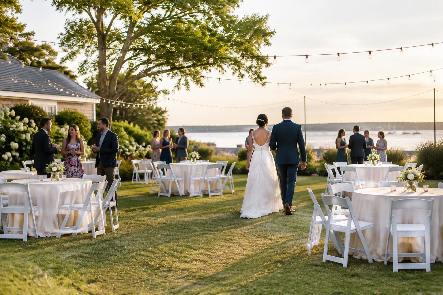 A couple and guests celebrate at a simple outdoor wedding venue with decorated tables and string lights.