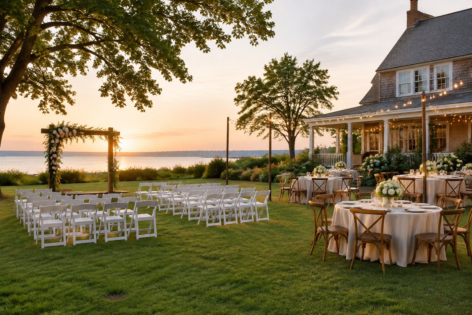 A simple outdoor wedding venue with chairs, a floral arch, and reception tables on a landscaped lawn.