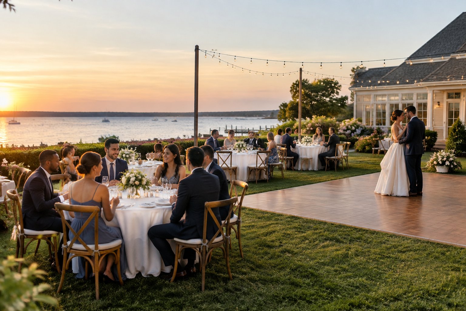 Affordable wedding reception setup at a charming Long Island venue near the water.