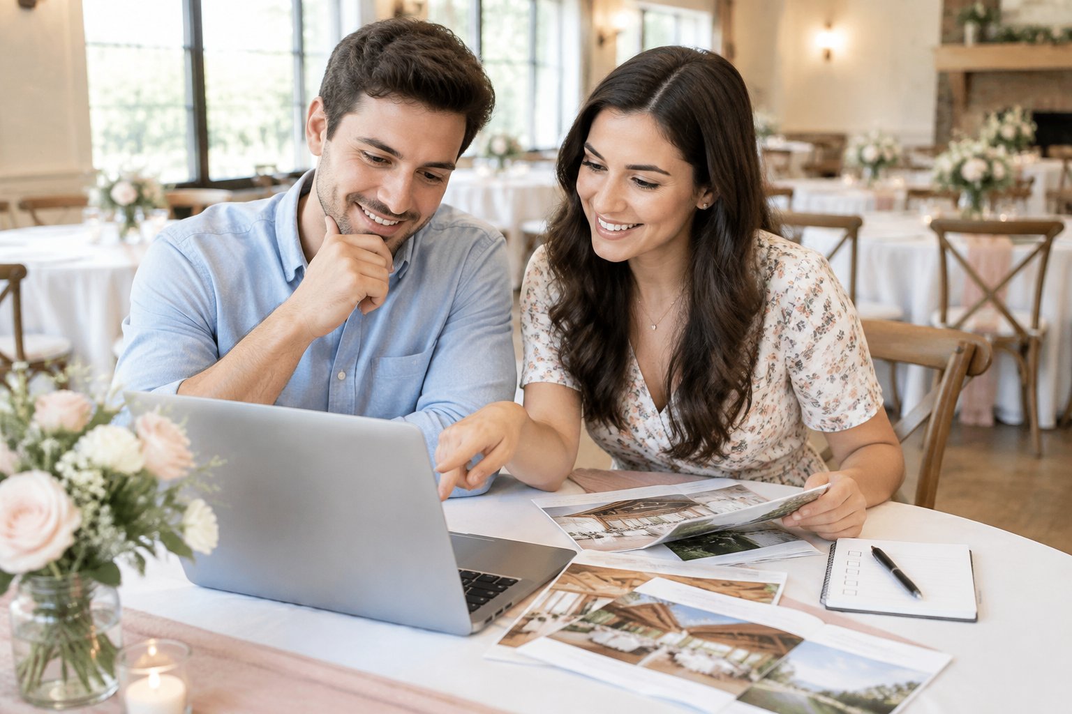 An engaged couple compares affordable wedding venue options on a laptop and brochures at a reception table.