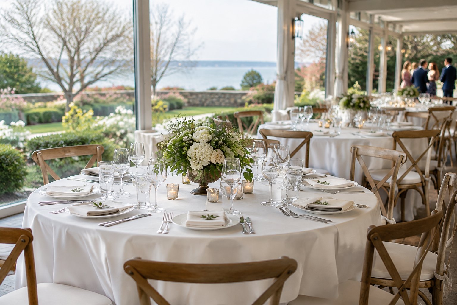 An elegant wedding reception setup in a quiet Long Island venue with simple floral centerpieces and landscaped grounds outside.