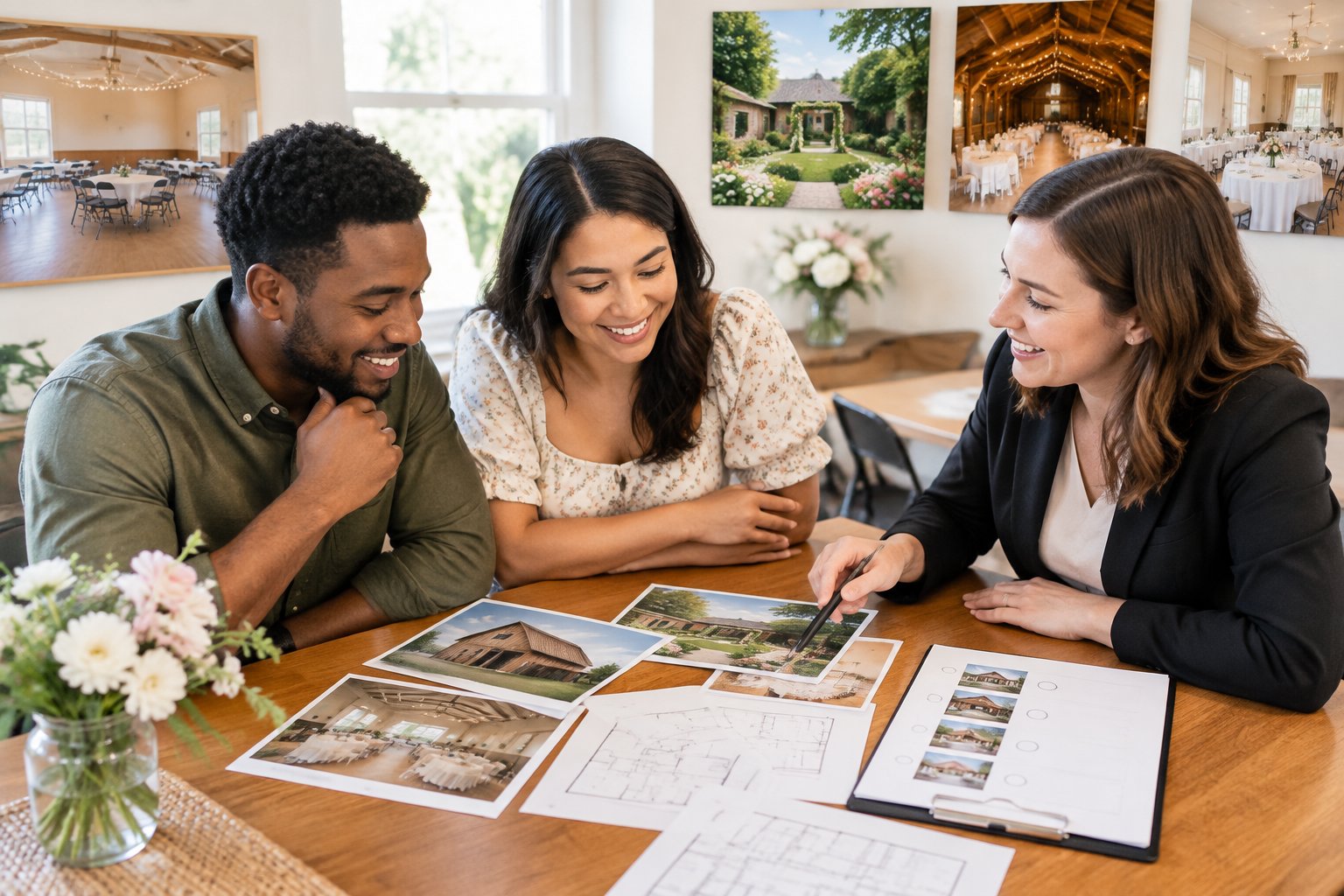 An engaged couple compares affordable wedding venue options with a coordinator at a consultation table.