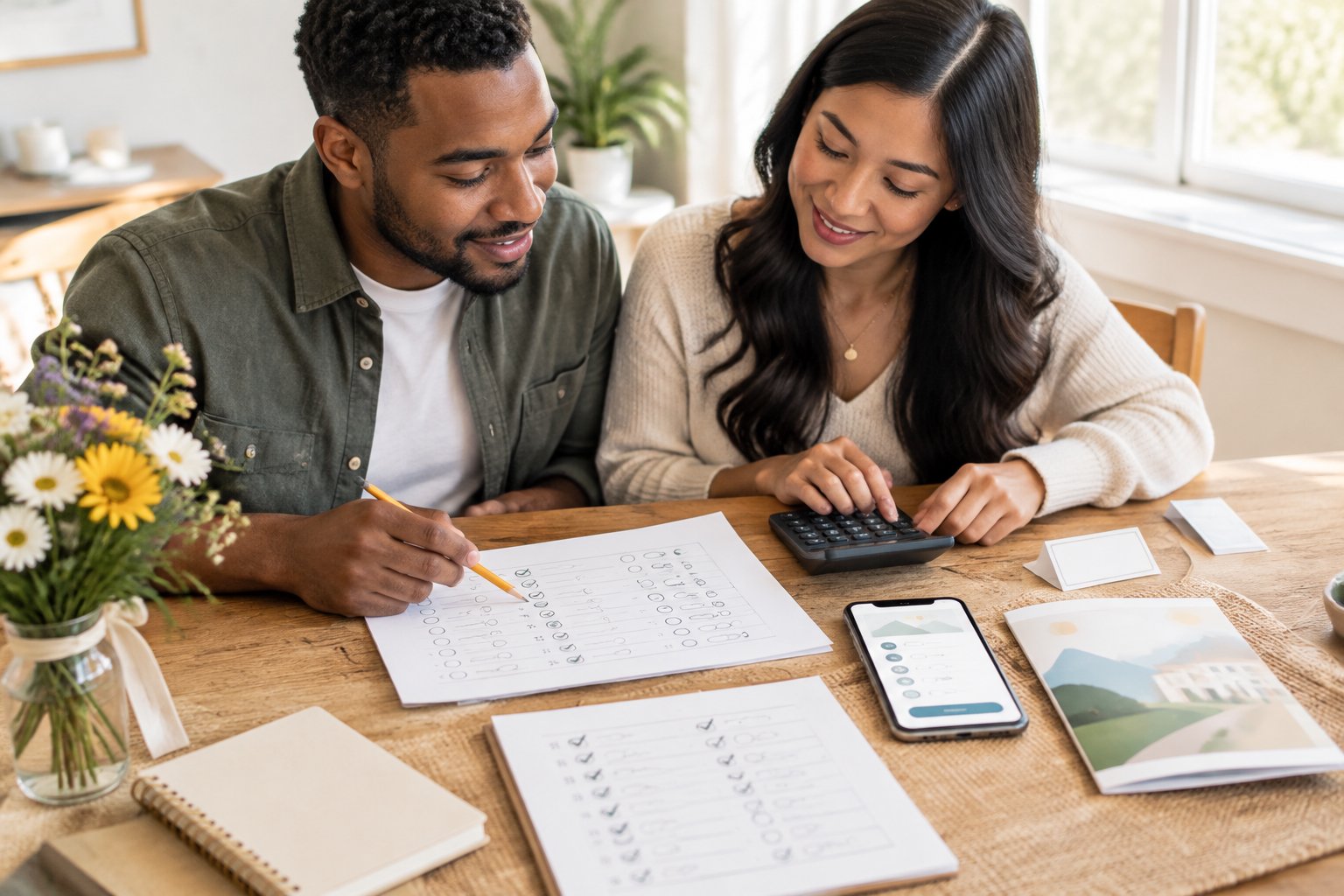 A couple scores a wedding venue quiz at a table with a calculator, papers, and simple wedding-planning items.