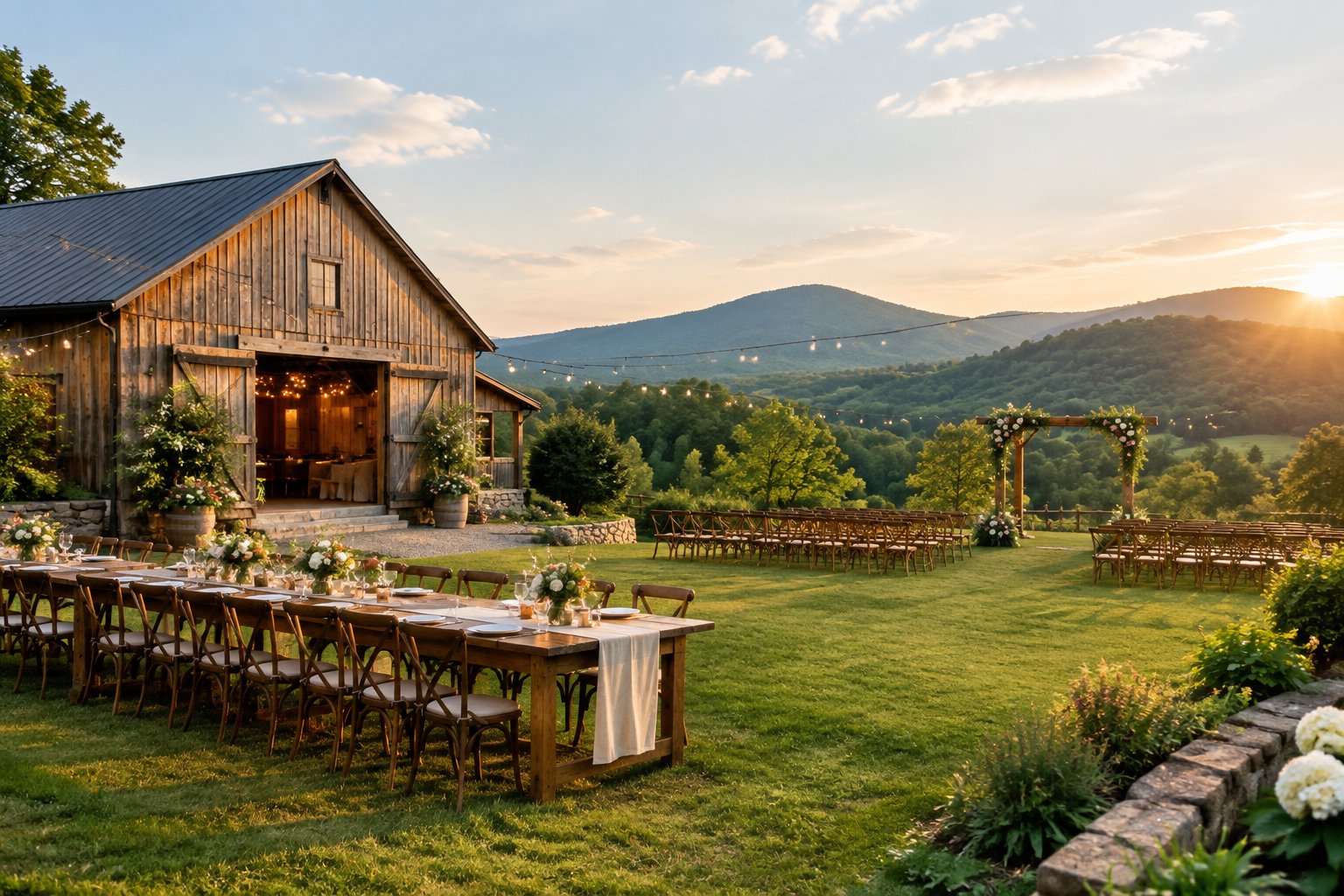 A rustic wedding venue with simple decorations and mountain views in the Hudson Valley.