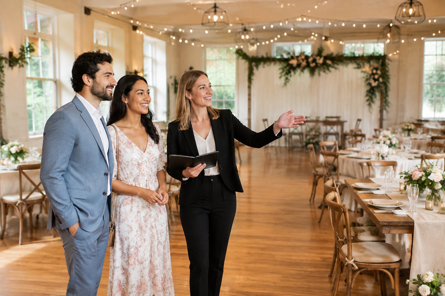 An engaged couple and a venue coordinator view an affordable decorated wedding venue.