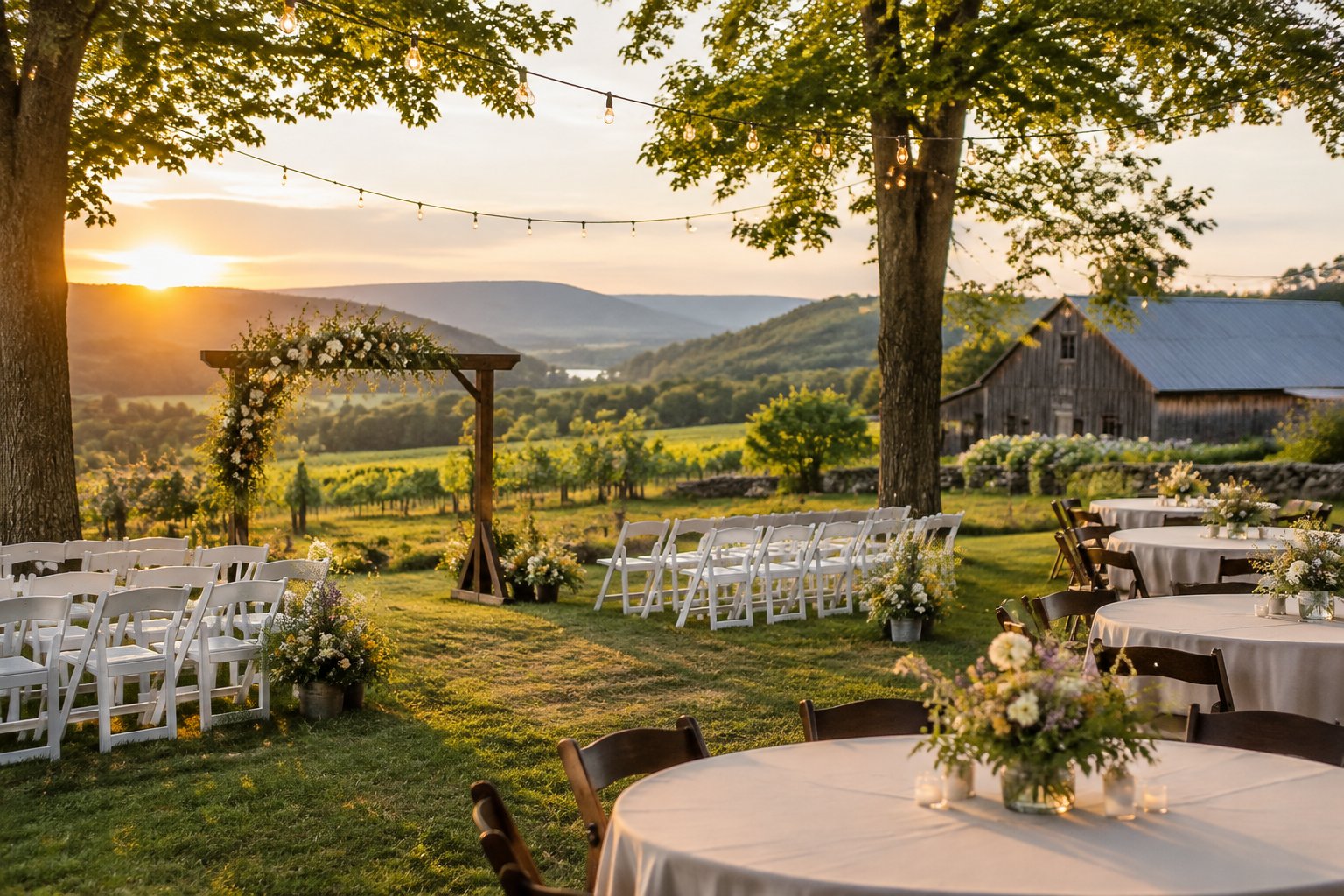A modest outdoor wedding venue with white chairs, simple decorations, string lights, and rolling Hudson Valley hills in the background.