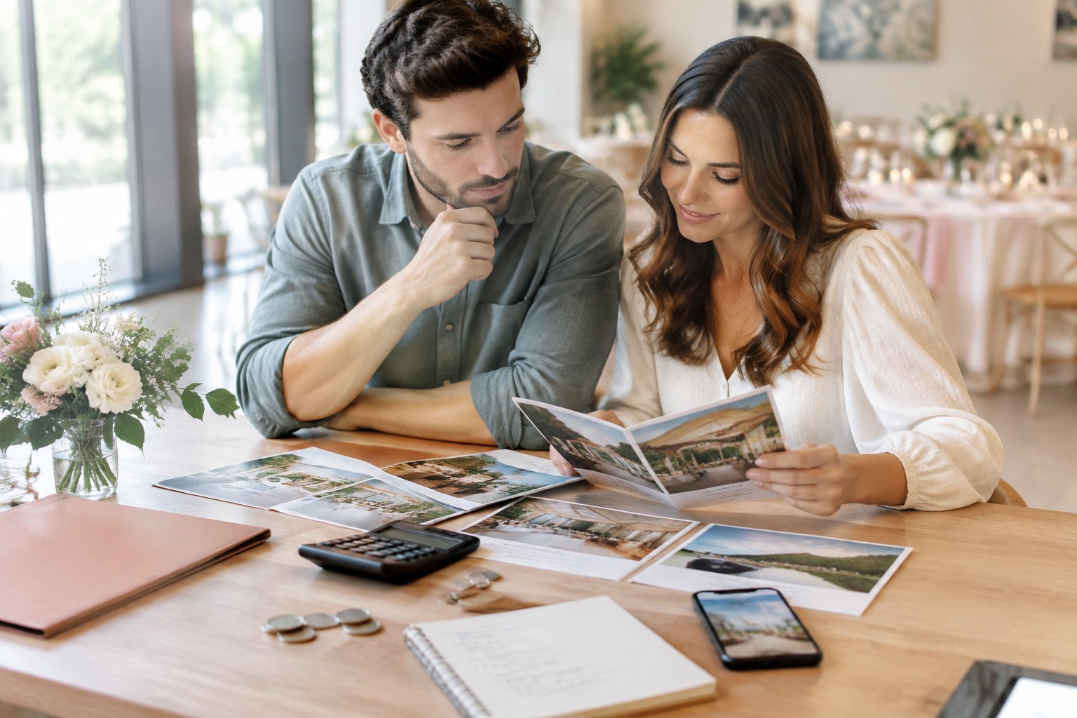 A couple compares wedding venue materials, pricing sheets, and a calculator at a planning table.
