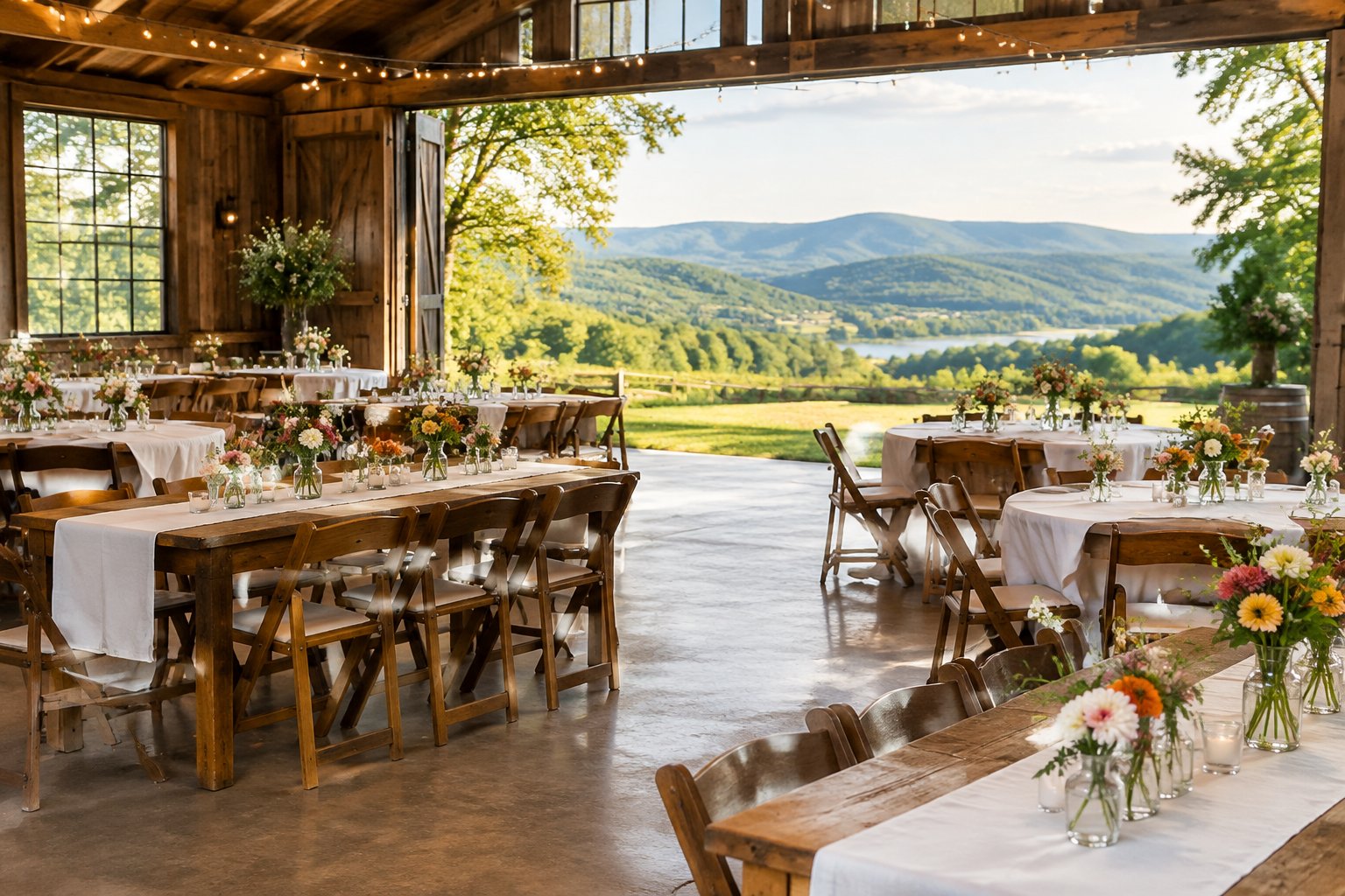 A modest wedding reception setup at a scenic Hudson Valley venue with tables, flowers, and rolling green hills in the background.