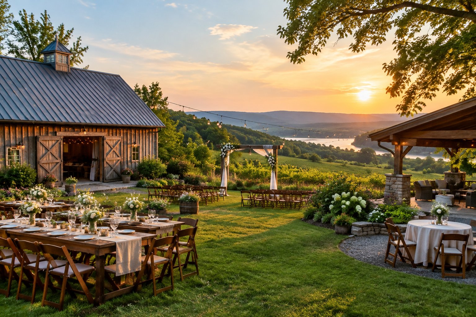 A modest wedding venue with outdoor seating and decorations in the scenic Hudson Valley countryside.