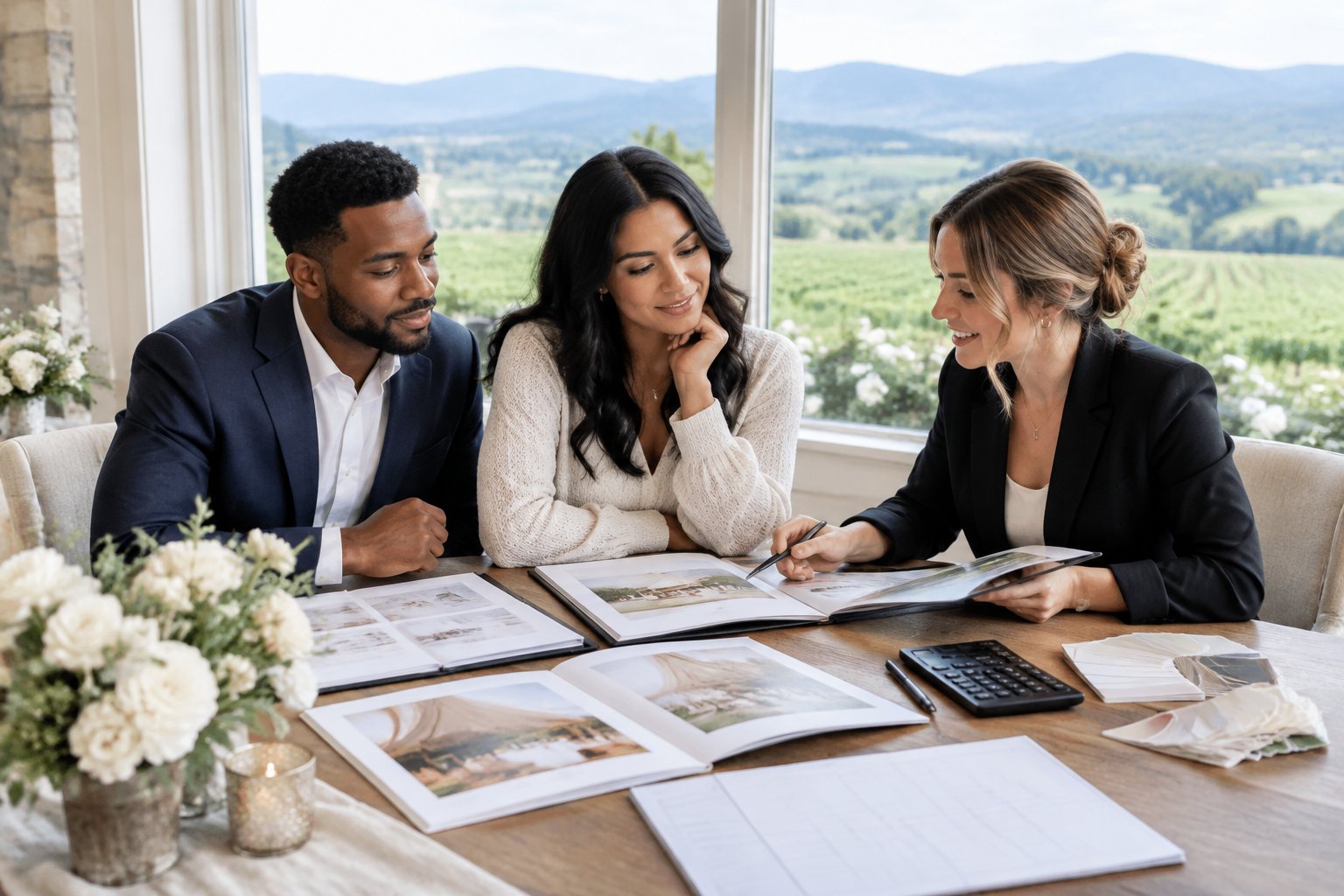 A couple compares blank wedding venue proposals with a coordinator at a table overlooking the Hudson Valley.