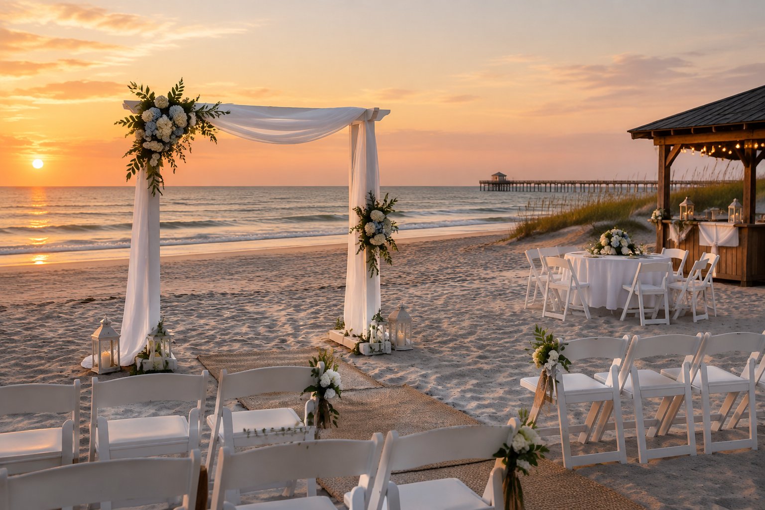 A simple beach wedding ceremony setup with white chairs, a floral arch, and the ocean in the background.
