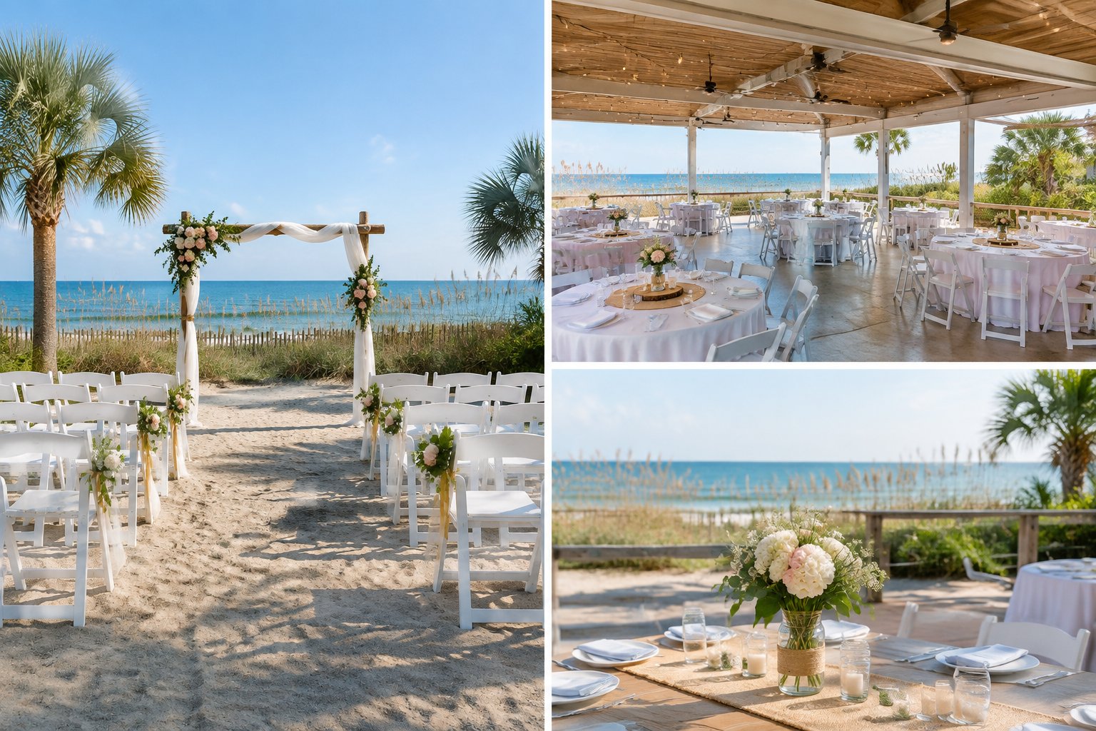 A modest coastal wedding venue with white chairs, simple decorations, and the ocean in the background.
