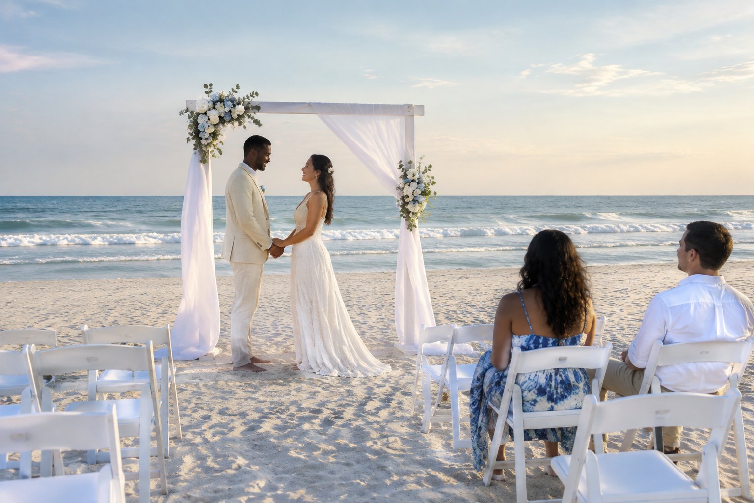 A couple exchanges vows beneath a simple floral arch on a sunny beach with white guest chairs and ocean waves behind them.