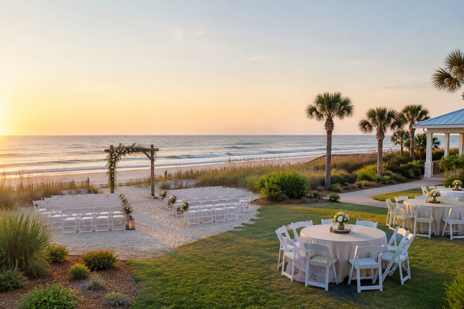 A simple coastal wedding venue with white chairs, a greenery-covered arch, and ocean waves in the background.