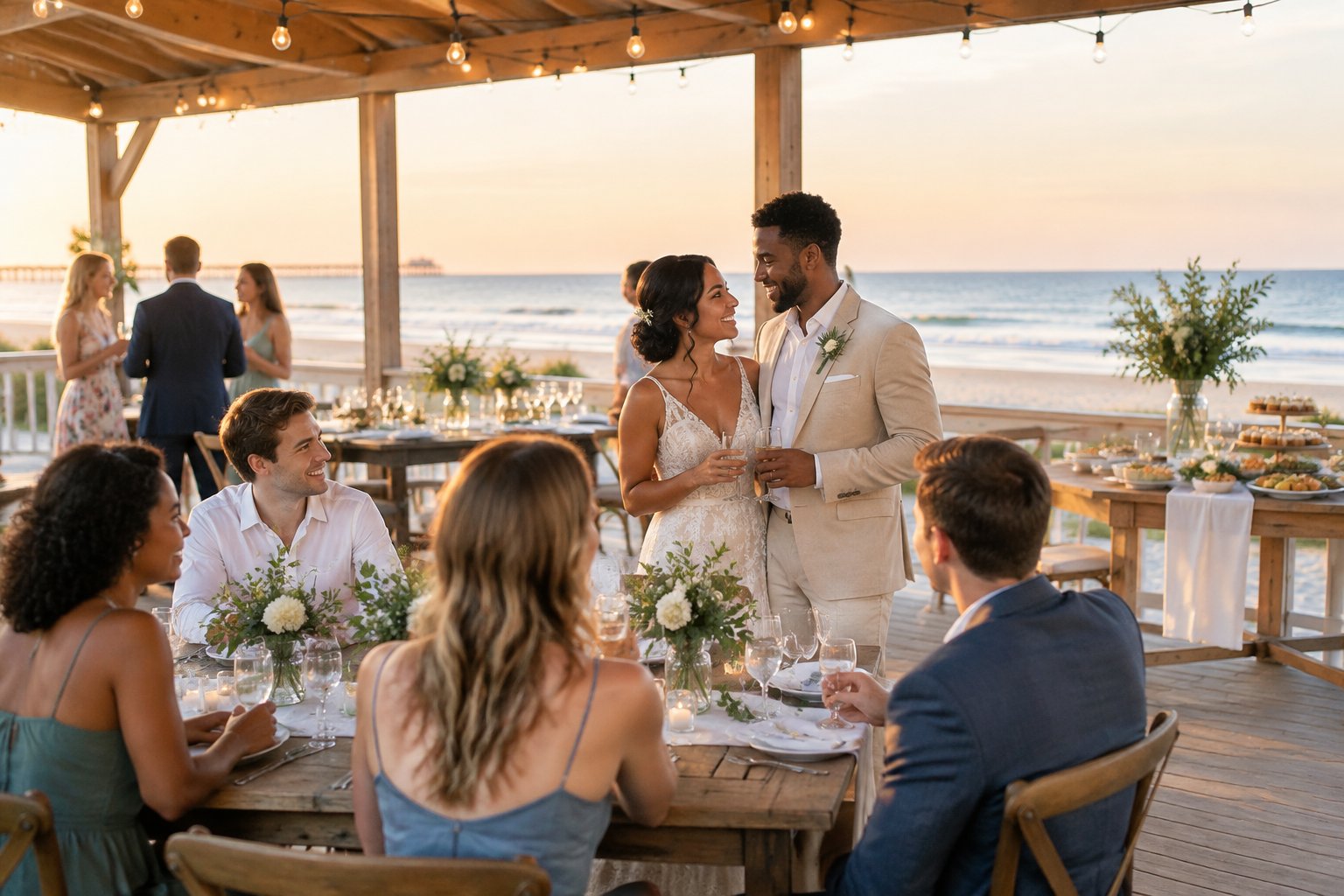 A couple and guests celebrate at a simple seaside wedding reception with tasteful decorations and ocean views.