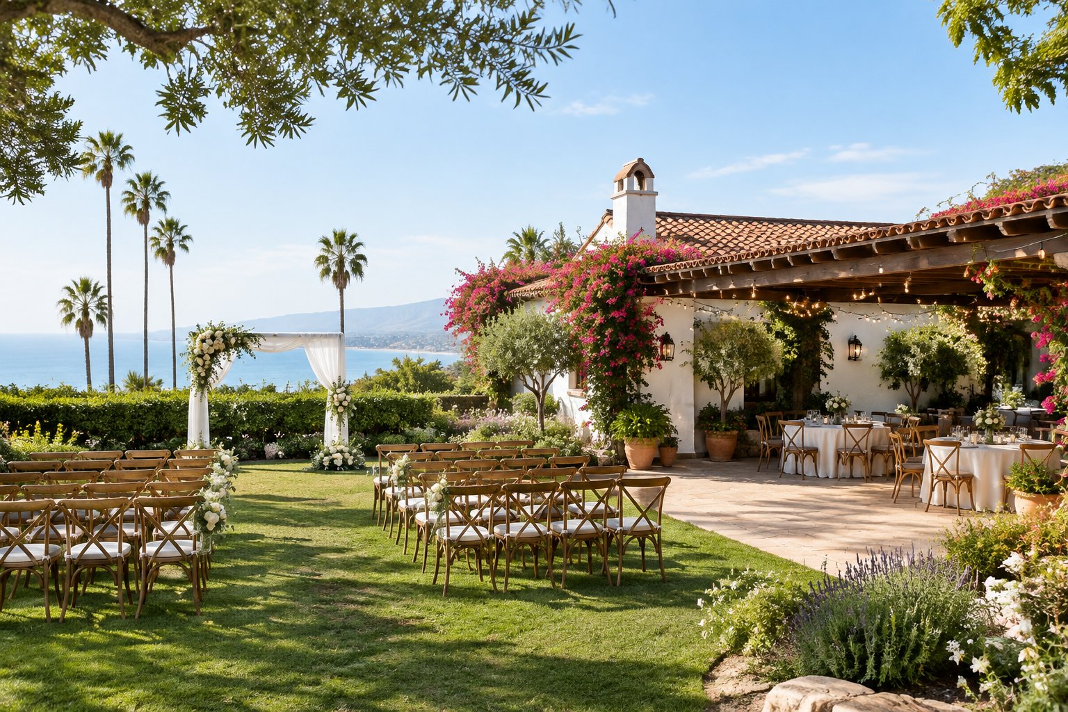 An affordable outdoor wedding venue in Santa Barbara with simple decorations, garden seating, Spanish-style architecture, and coastal scenery.
