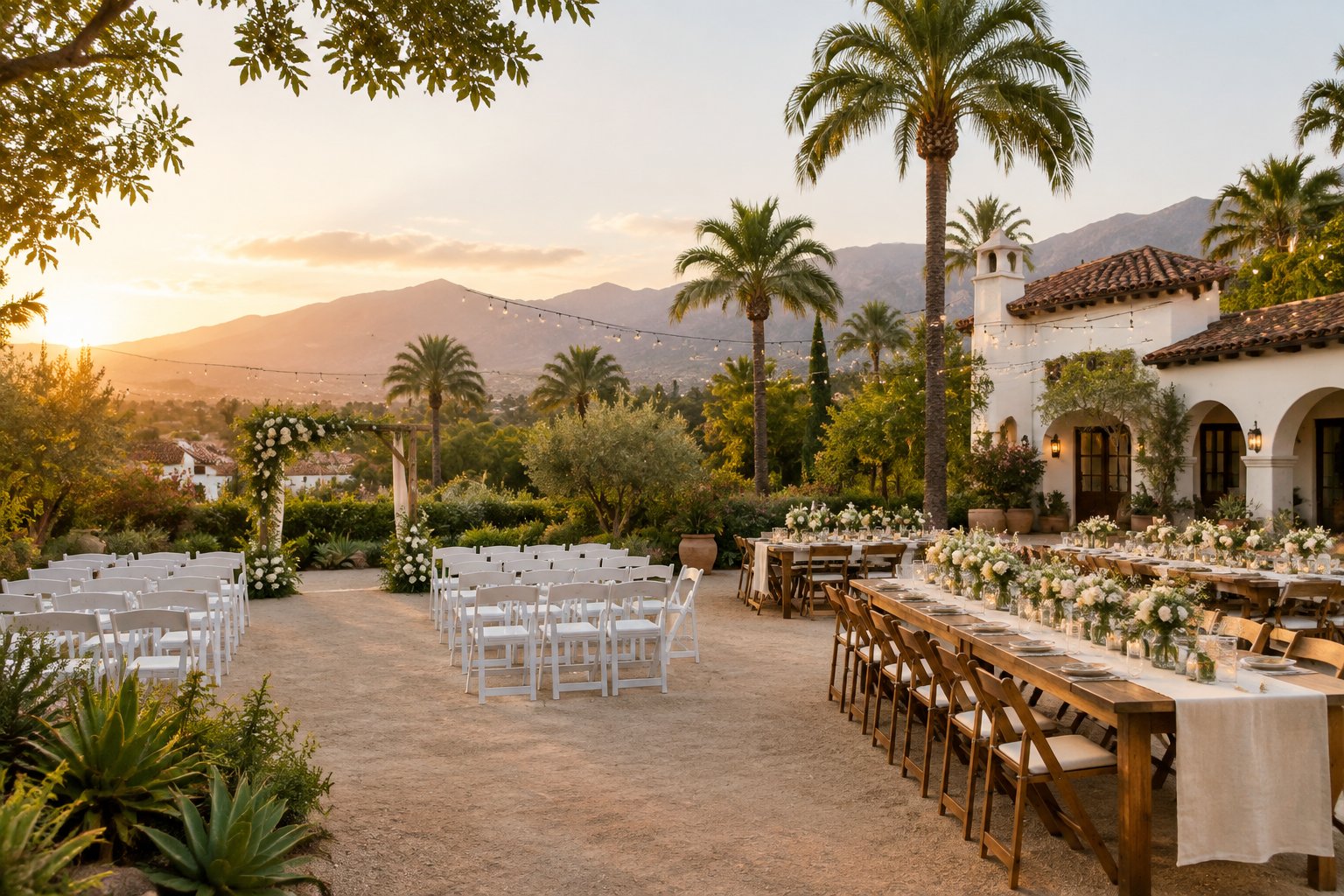 A simple outdoor wedding venue in Santa Barbara with white chairs, modest floral decorations, string lights, and Spanish-style architecture.