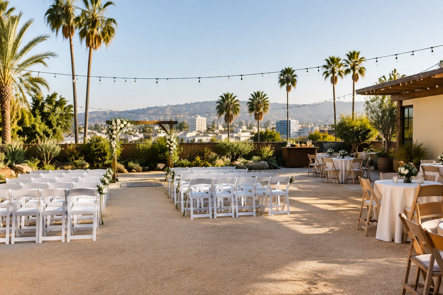 A modest outdoor wedding venue in Los Angeles with white chairs, simple decorations, string lights, palm trees, and warm sunlight.