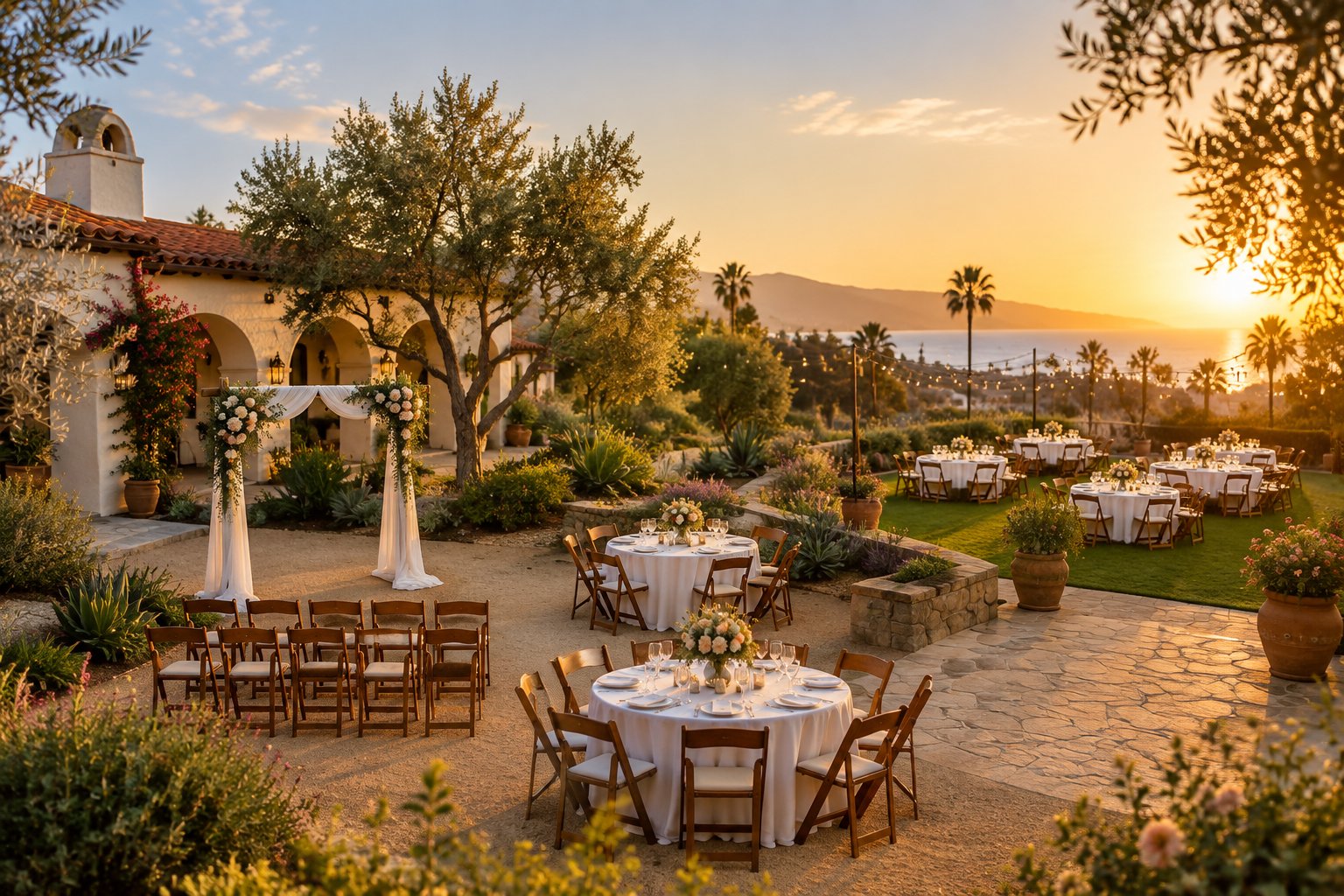 An affordable outdoor wedding venue in Santa Barbara with intimate ceremony and reception areas surrounded by gardens and Spanish-style architecture.