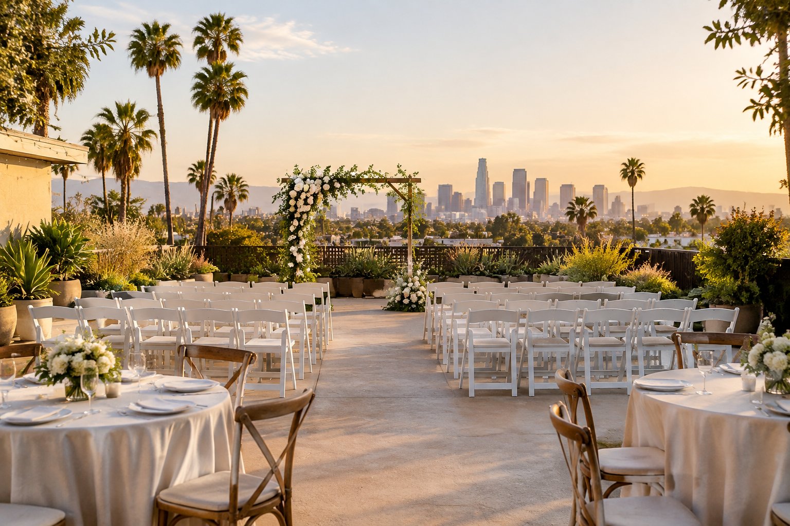 A modest outdoor wedding venue in Los Angeles with simple chairs, floral decor, and warm sunlight.