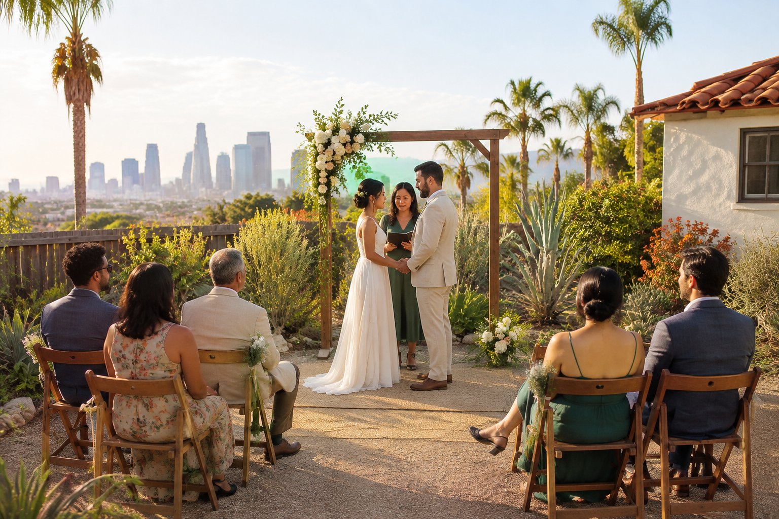A couple exchanges vows in a simple outdoor courtyard surrounded by a small group of wedding guests.
