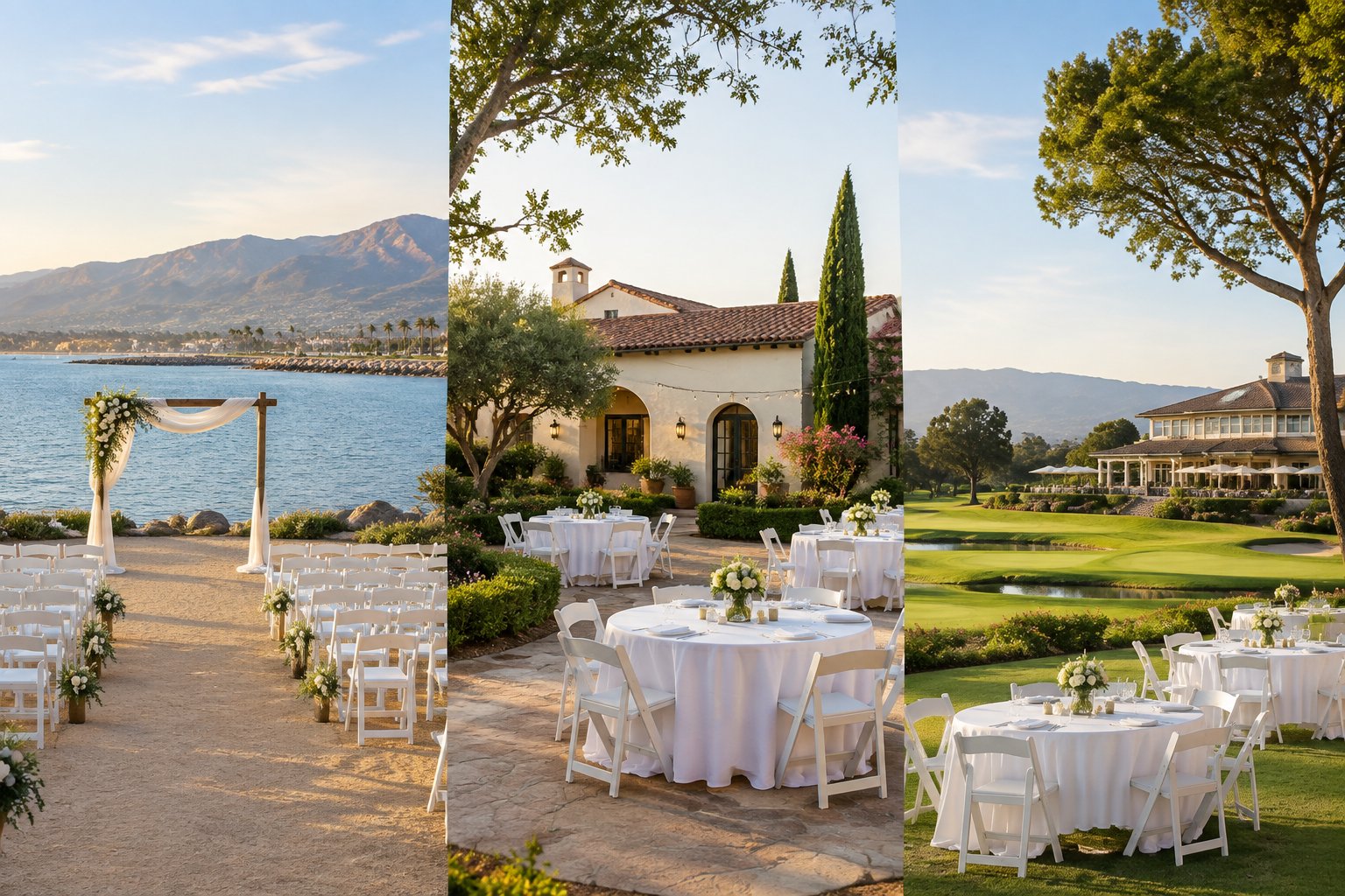An intimate wedding setup showing waterfront, estate garden, and golf club venue options in Santa Barbara.