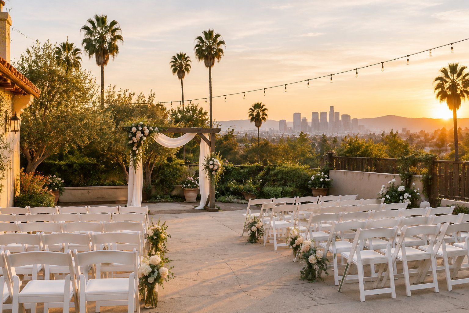 An outdoor wedding ceremony setup with white chairs, floral decorations, and string lights at a Los Angeles venue.