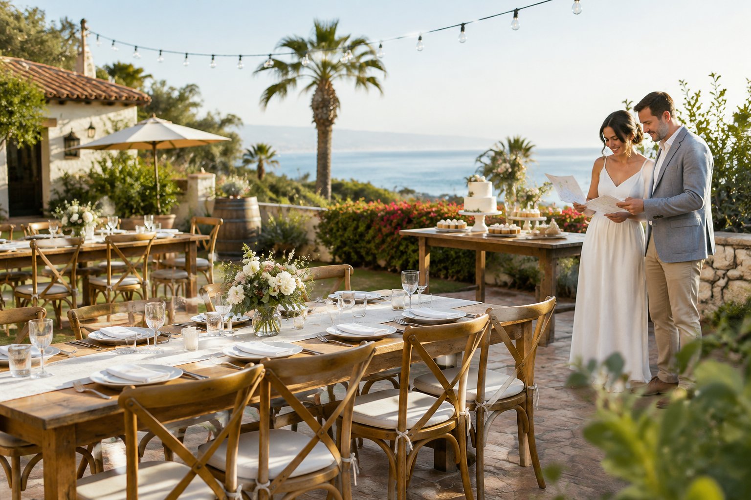 A couple reviews reception plans beside a modest outdoor wedding setup at a sunny coastal venue.