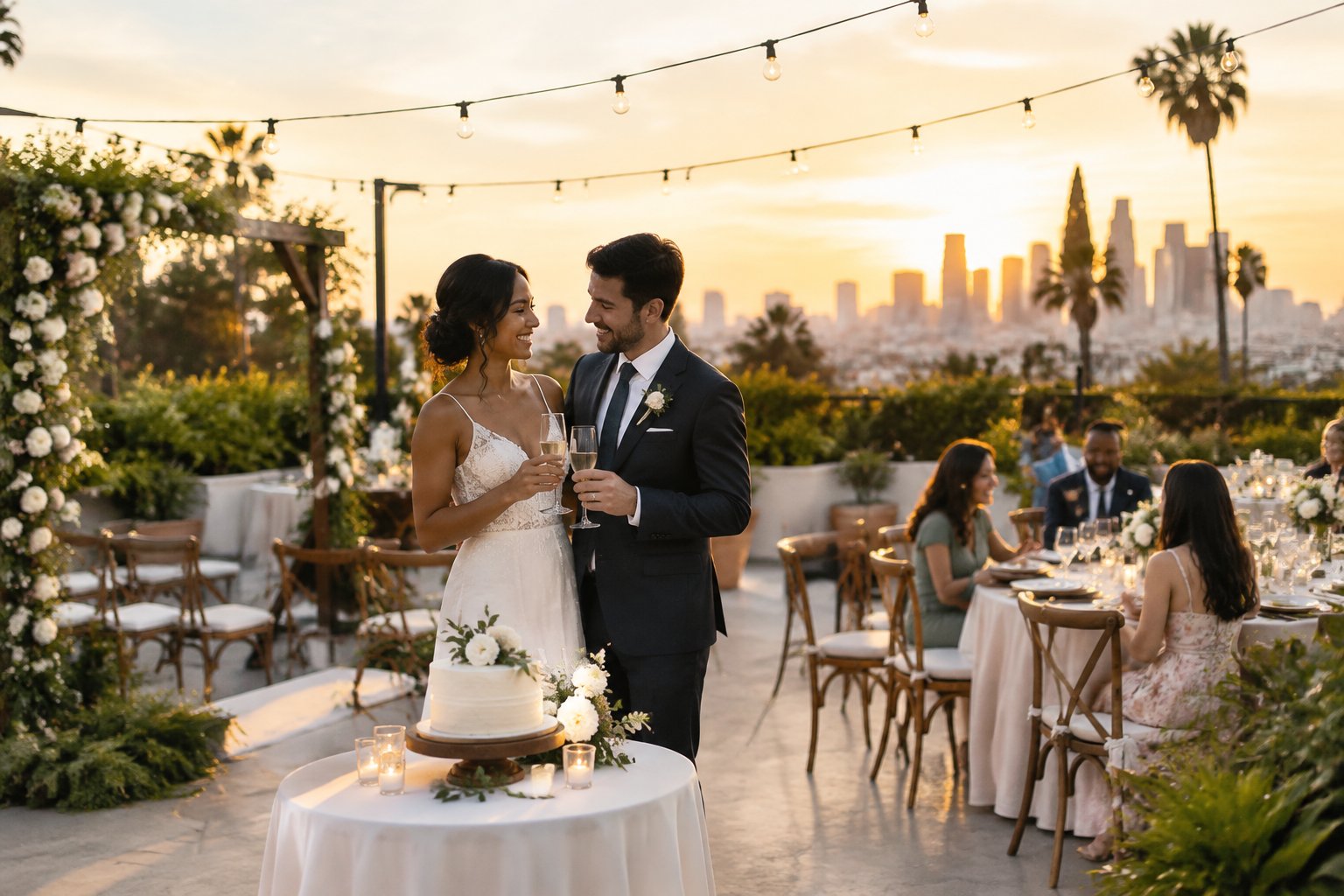 A newlywed couple and guests celebrate at an elegant, affordable outdoor wedding reception in Los Angeles.