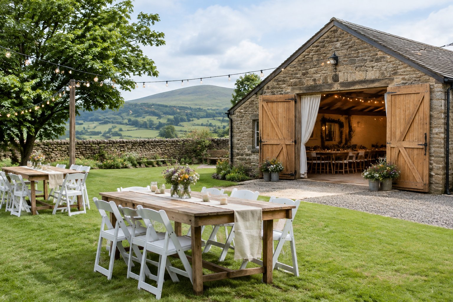 A modest decorated wedding venue beside a grassy countryside setting in North East England.