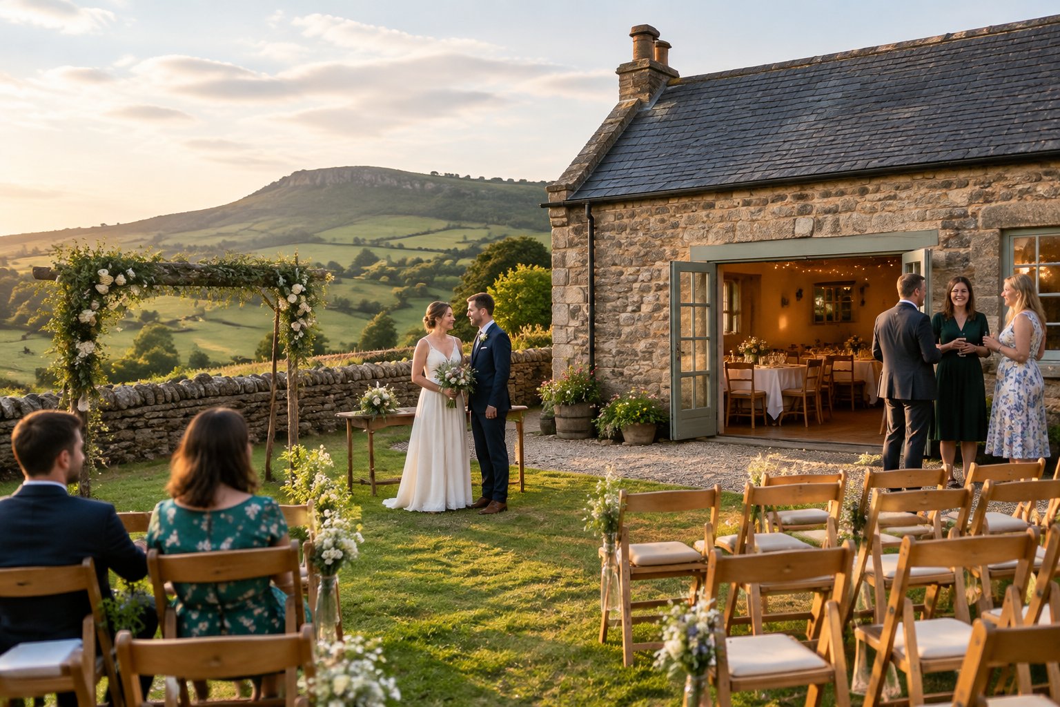 A modest countryside wedding venue with simple outdoor seating and rolling hills in the background.