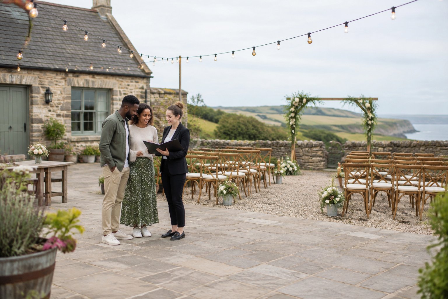 A couple discusses wedding plans with a coordinator outside an affordable countryside venue in Northeast England.