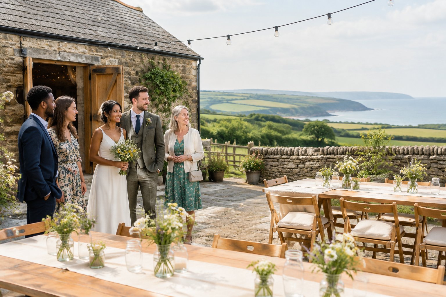 A couple and friends explore a modest decorated wedding venue in the countryside.