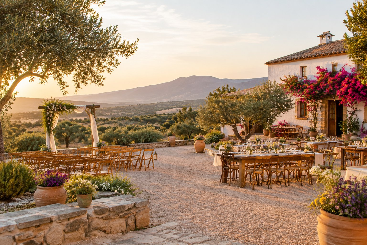 A simple romantic wedding setup outside a whitewashed Spanish countryside venue surrounded by olive trees and hills.