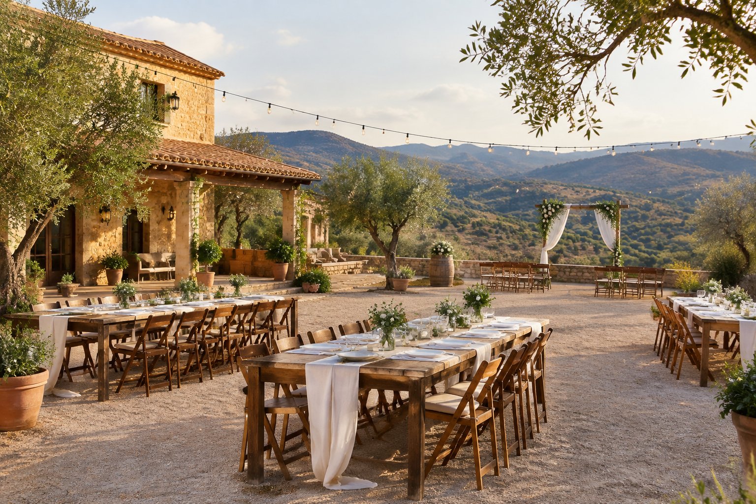 A simple outdoor wedding setup at a sunny Spanish countryside venue with tables, flowers, string lights, and olive trees.