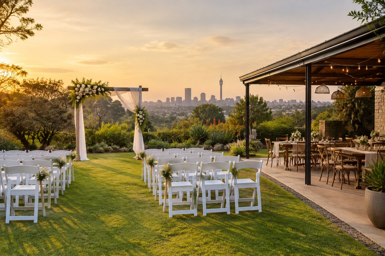 A simple outdoor wedding venue with white chairs, a floral arch, and a covered reception area in a landscaped Johannesburg setting.