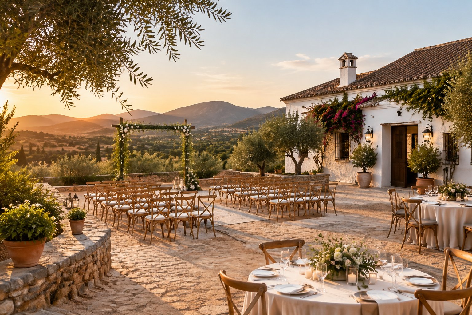 A simple outdoor wedding setup at a charming Spanish countryside venue with white chairs, flowers, and terracotta buildings.