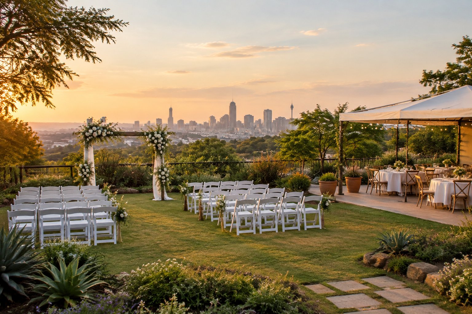 An affordable outdoor wedding venue with white chairs, a floral arch, and a covered reception area in a landscaped Johannesburg setting.