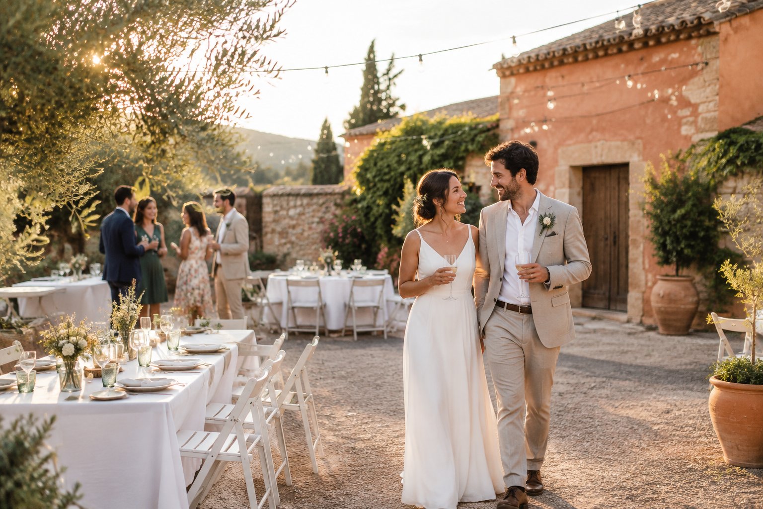 A newlywed couple and guests gather at a simple outdoor wedding reception in a sunny Spanish courtyard.
