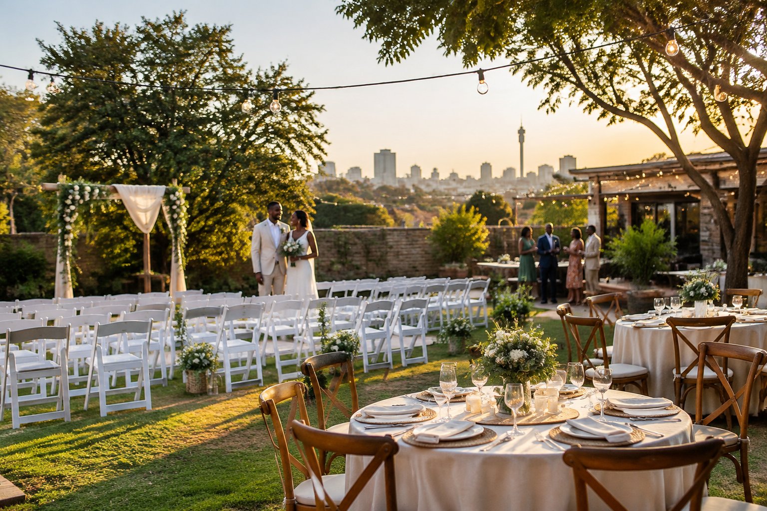 A couple stands beside a simple outdoor wedding ceremony setup with decorated chairs, tables, flowers, and guests.